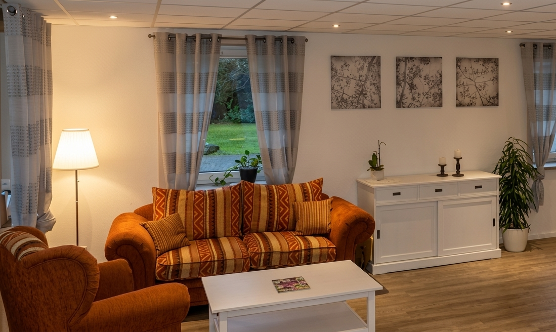 Aufenthaltsraum der Tagespflege mit Sofa, Sesseln und Fenster zum Garten